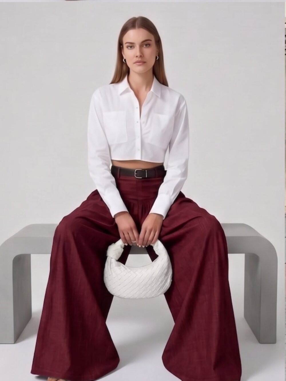 High Waisted Yoke Pleated Wide Leg Palazzo Pants Burgundy - Picture 2 of 9